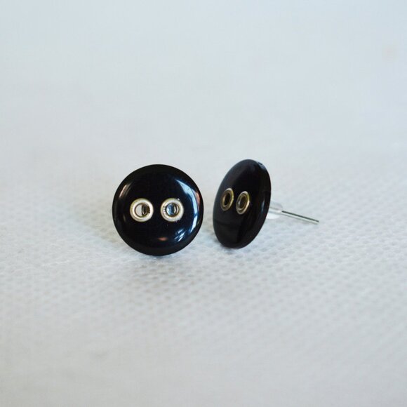 Black Button Stud Earrings - Picture 1 of 5